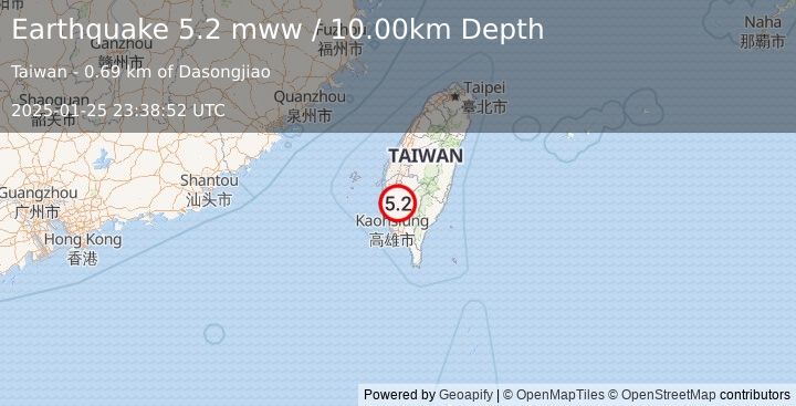 Earthquake 4 km WSW of Yujing, Taiwan (5.2 mww) (2025-01-25 23:38:52 UTC)