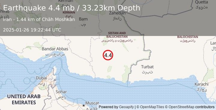 Earthquake 59 km WSW of Iranshahr, Iran (4.4 mb) (2025-01-26 19:22:44 UTC)