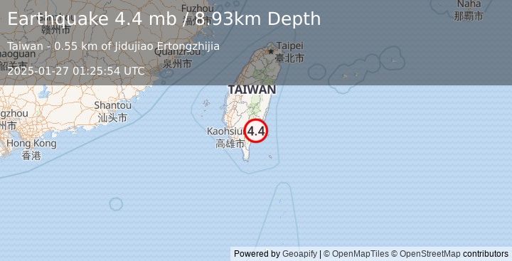 Earthquake 74 km ESE of Yujing, Taiwan (4.4 mb) (2025-01-27 01:25:54 UTC)