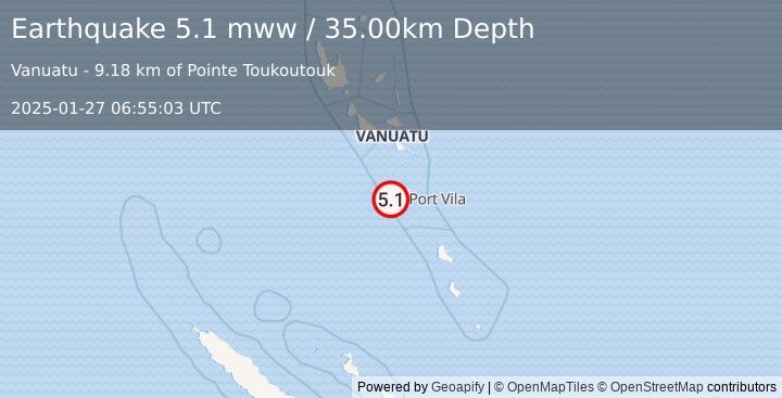 Earthquake 24 km W of Port-Vila, Vanuatu (5.1 mww) (2025-01-27 06:55:03 UTC)