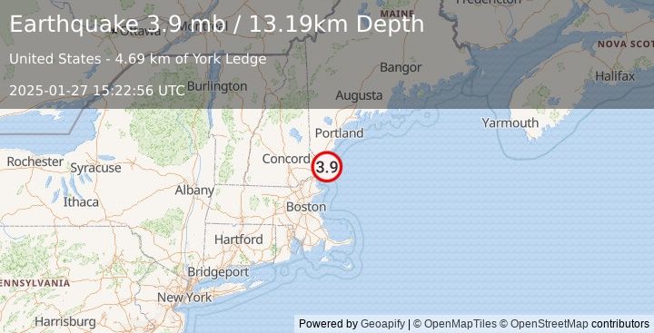 Earthquake 11 km SE of York Harbor, Maine (3.9 mb) (2025-01-27 15:22:56 UTC)