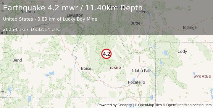 Earthquake 26 km WNW of Clayton, Idaho (4.2 mwr) (2025-01-27 16:32:14 UTC)