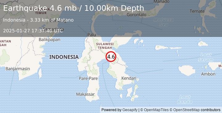 Earthquake 102 km E of Masamba, Indonesia (4.6 mb) (2025-01-27 17:37:40 UTC)