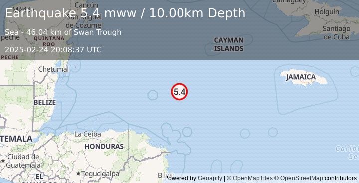 Earthquake 239 km SW of George Town, Cayman Islands (5.4 mww) (2025-02-24 20:08:37 UTC)