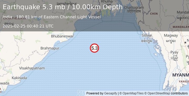 Earthquake 229 km ESE of Parādīp Garh, India (5.3 mb) (2025-02-25 00:40:21 UTC)