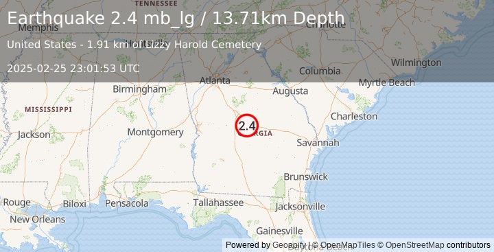 Earthquake 14 km SW of Danville, Georgia (2.4 mb_lg) (2025-02-25 23:01:53 UTC)