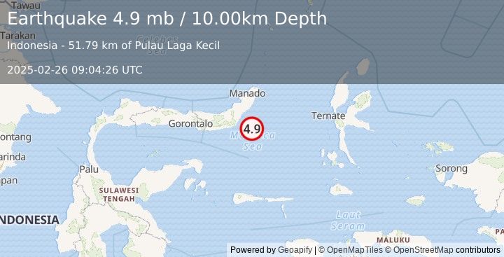 Earthquake 61 km E of Modisi, Indonesia (4.9 mb) (2025-02-26 09:04:26 UTC)