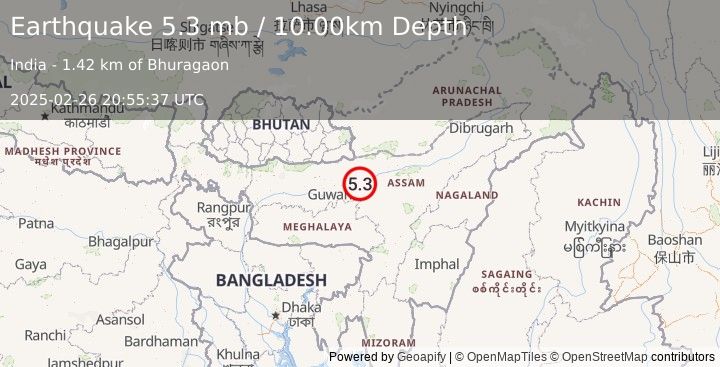 Earthquake 17 km SSE of Khārupatia, India (5.3 mb) (2025-02-26 20:55:37 UTC)