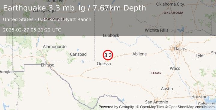 Earthquake 36 km WSW of Ackerly, Texas (3.3 mb_lg) (2025-02-27 05:31:22 UTC)