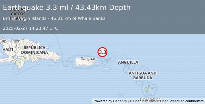 Earthquake 68 km N of Charlotte Amalie, U.S. Virgin Islands (3.3 ml) (2025-02-27 14:23:47 UTC)