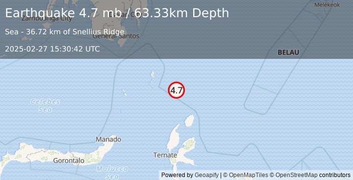 Earthquake 217 km N of Tobelo, Indonesia (4.7 mb) (2025-02-27 15:30:42 UTC)