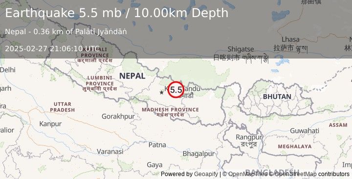 Earthquake 14 km S of Kodāri̇̄, Nepal (5.5 mb) (2025-02-27 21:06:10 UTC)