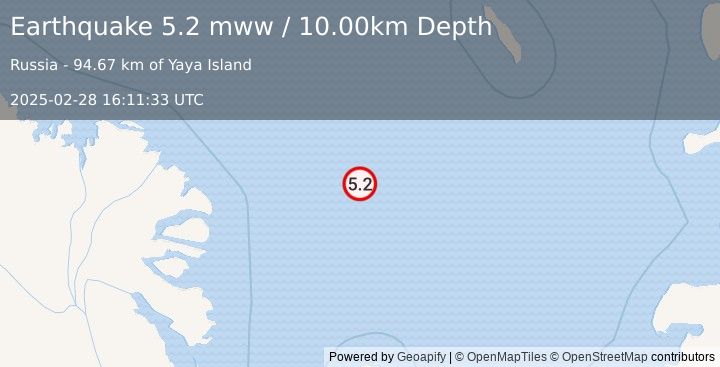 Earthquake 207 km NE of Tiksi, Russia (5.2 mww) (2025-02-28 16:11:33 UTC)