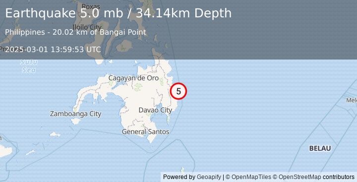 Earthquake 22 km NE of Taytayan, Philippines (5.0 mb) (2025-03-01 13:59:53 UTC)