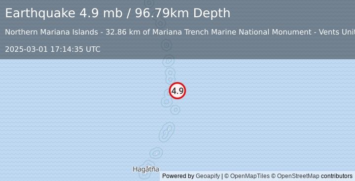 Earthquake 185 km NNE of Saipan, Northern Mariana Islands (4.9 mb) (2025-03-01 17:14:35 UTC)