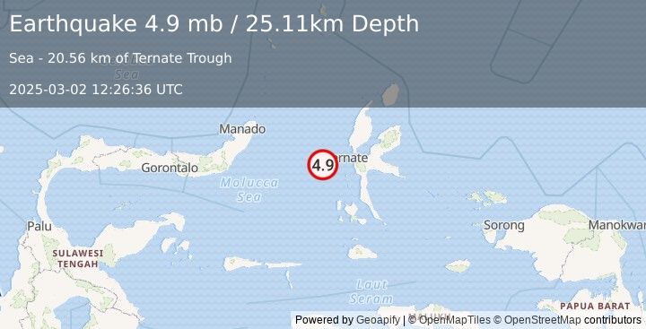 Earthquake 66 km WSW of Ternate, Indonesia (4.9 mb) (2025-03-02 12:26:36 UTC)