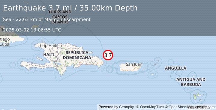 Earthquake 69 km NE of Punta Cana, Dominican Republic (3.7 ml) (2025-03-02 13:06:55 UTC)