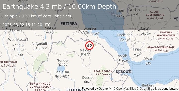 Earthquake 46 km ESE of Ādīgrat, Ethiopia (4.3 mb) (2025-03-02 15:11:20 UTC)