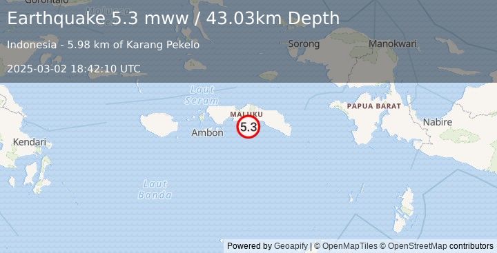 Earthquake 62 km ESE of Masohi, Indonesia (5.3 mww) (2025-03-02 18:42:10 UTC)