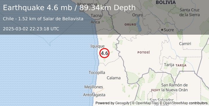 Earthquake 41 km S of La Tirana, Chile (4.6 mb) (2025-03-02 22:23:18 UTC)