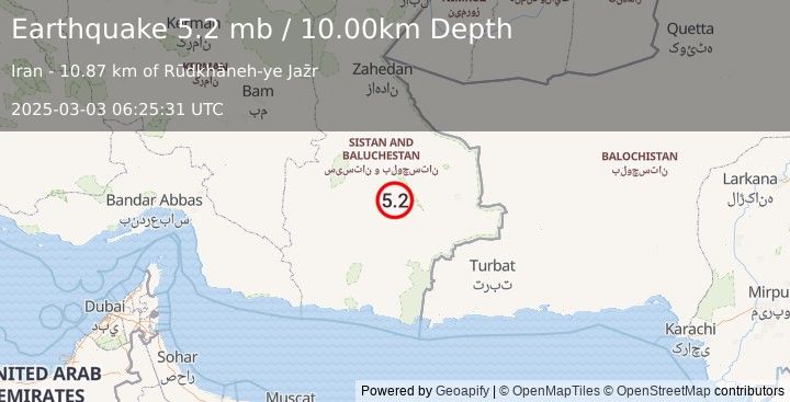 Earthquake 43 km ENE of Iranshahr, Iran (5.2 mb) (2025-03-03 06:25:31 UTC)