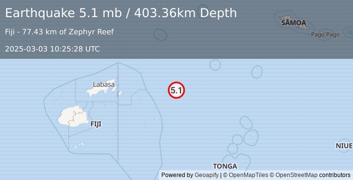 Earthquake 274 km SSE of Alo, Wallis and Futuna (5.1 mb) (2025-03-03 10:25:28 UTC)