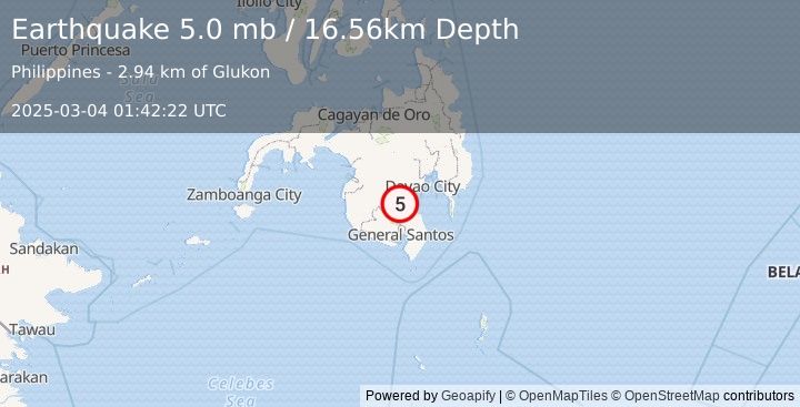 Earthquake 5 km SSW of Magsaysay, Philippines (5.0 mb) (2025-03-04 01:42:22 UTC)