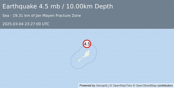 Earthquake 52 km NNE of Olonkinbyen, Svalbard and Jan Mayen (4.5 mb) (2025-03-04 23:27:00 UTC)