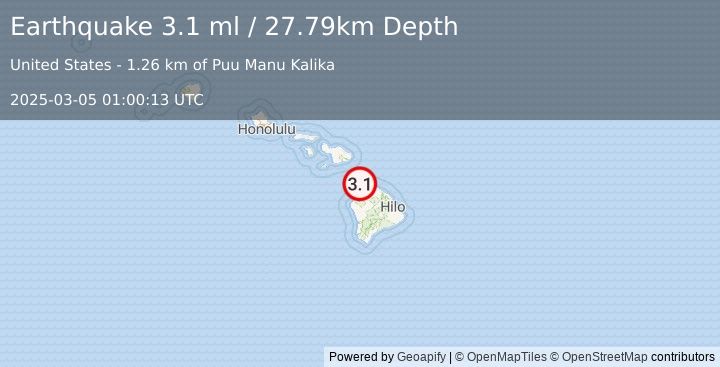 Earthquake 6 km S of Kapaau, Hawaii (3.1 ml) (2025-03-05 01:00:13 UTC)