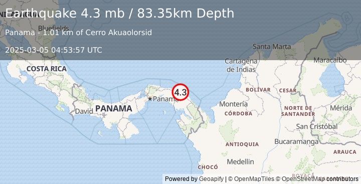 Earthquake 5 km SW of San Ignacio de Tupile, Panama (4.3 mb) (2025-03-05 04:53:57 UTC)