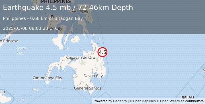 Earthquake 2 km E of Aras-asan, Philippines (4.5 mb) (2025-03-08 08:03:23 UTC)