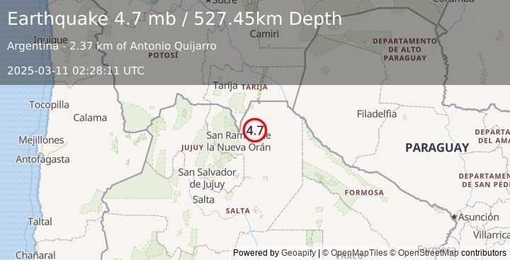 Earthquake 25 km S of General Mosconi, Argentina (4.7 mb) (2025-03-11 02:28:11 UTC)