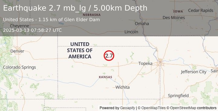 Earthquake 1 km SW of Glen Elder, Kansas (2.7 mb_lg) (2025-03-13 07:58:27 UTC)