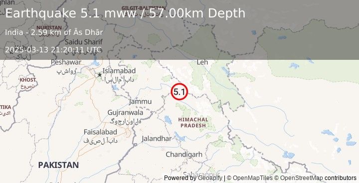 Earthquake 51 km SSW of Padam, India (5.1 mww) (2025-03-13 21:20:11 UTC)