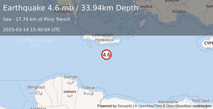 Earthquake 81 km S of Pýrgos, Greece (4.6 mb) (2025-03-14 15:40:04 UTC)