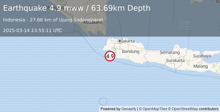 Earthquake 55 km WSW of Pelabuhanratu, Indonesia (4.9 mww) (2025-03-14 23:55:11 UTC)