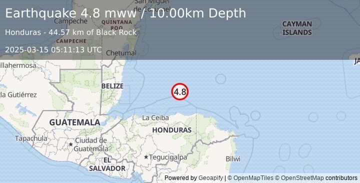 Earthquake 50 km NNE of Savannah Bight, Honduras (4.8 mww) (2025-03-15 05:11:13 UTC)