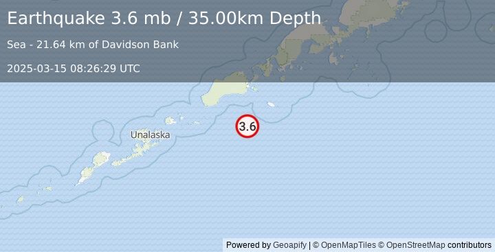 Earthquake 91 km S of False Pass, Alaska (3.6 mb) (2025-03-15 08:26:29 UTC)