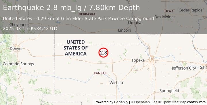 Earthquake 0 km WNW of Glen Elder, Kansas (2.8 mb_lg) (2025-03-15 09:34:42 UTC)