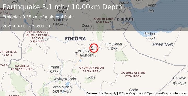 Earthquake 50 km N of Āwash, Ethiopia (5.1 mb) (2025-03-16 18:53:09 UTC)