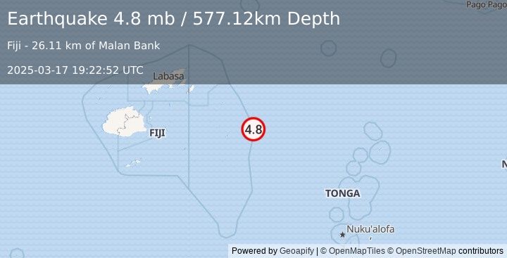 Earthquake 286 km E of Levuka, Fiji (4.8 mb) (2025-03-17 19:22:52 UTC)