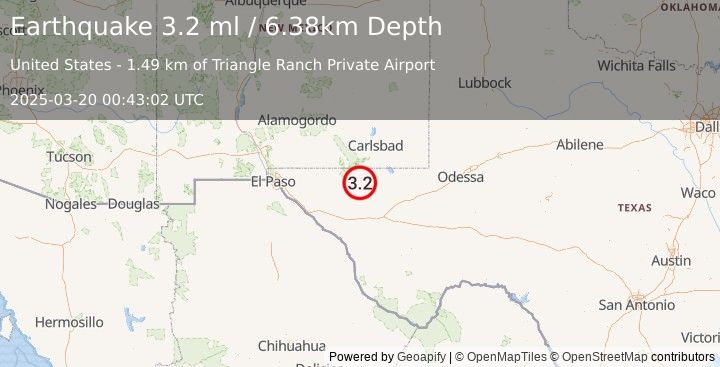 Earthquake 54 km SSW of Whites City, New Mexico (3.2 ml) (2025-03-20 00:43:02 UTC)