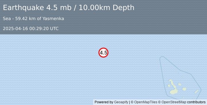 Earthquake west of the Galapagos Islands (4.5 mb) (2025-04-16 00:29:20 UTC)