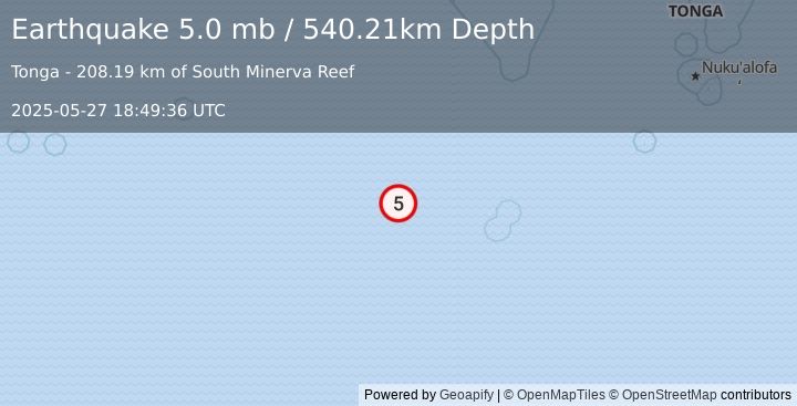 Earthquake south of the Fiji Islands (5.0 mb) (2025-05-27 18:49:36 UTC)