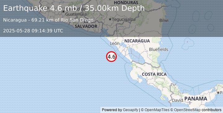 Earthquake 71 km WSW of Masachapa, Nicaragua (4.6 mb) (2025-05-28 09:14:39 UTC)