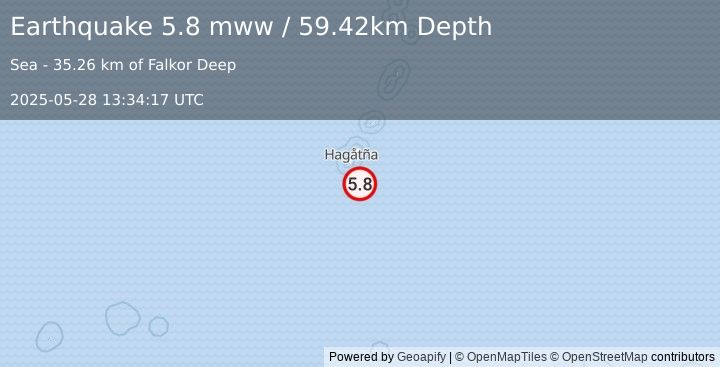Earthquake 51 km SSE of Inarajan Village, Guam (5.8 mww) (2025-05-28 13:34:17 UTC)