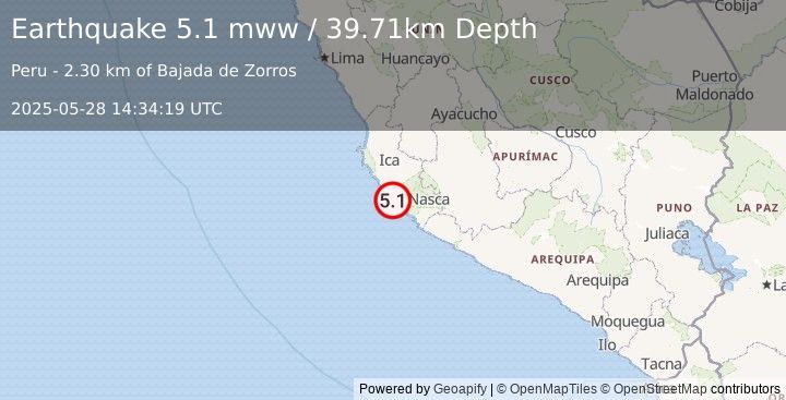 Earthquake 51 km WSW of Changuillo, Peru (5.1 mww) (2025-05-28 14:34:19 UTC)