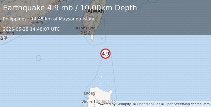 Earthquake 64 km NNW of Basco, Philippines (4.9 mb) (2025-05-28 14:48:07 UTC)