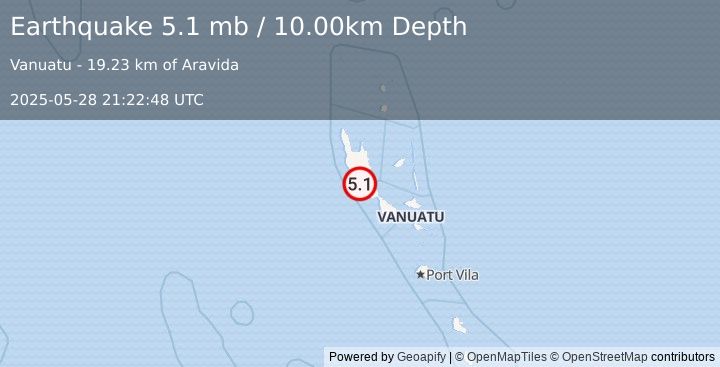 Earthquake 39 km SSW of Luganville, Vanuatu (5.1 mb) (2025-05-28 21:22:48 UTC)