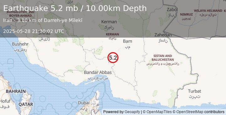Earthquake 124 km SSE of Kūh Sefīd, Iran (5.2 mb) (2025-05-28 21:30:02 UTC)